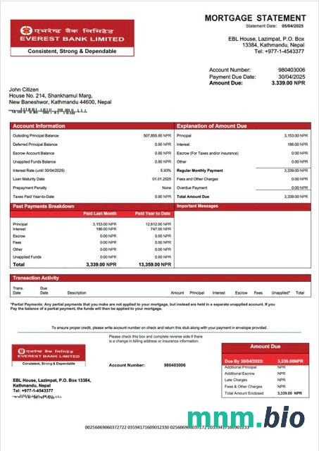 Nepal Everest Bank wyciąg z kredytu hipotecznego szablon Word i PDF